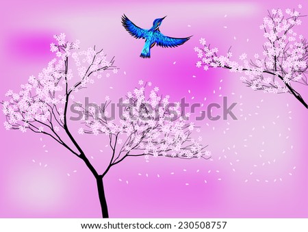 blossom tree and blue bird on pink background Royalty-Free Stock Photo #230508757