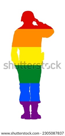 LGBT gay flag on soldier vector silhouette illustration isolated on white. Saluting army soldier shape. Homosexual military member on duty. Honor proud patriot. Free love in army between man and male.