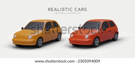 Cartoon 3d realistic automobiles. Modern city transport concept. Poster for car sales and rental company. Colorful vector illustration in red and orange colors on gray background