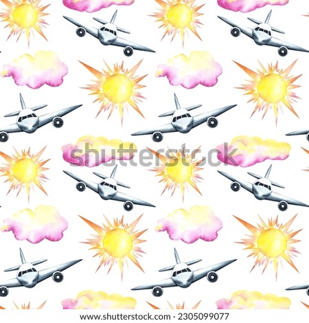 Seamless pattern with passenger planes, sun and clouds on a white background. Watercolor hand drawn illustration. Designed for backgrounds, flyers, banners. For label, packaging and textile.