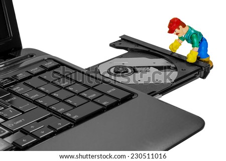 toy man repairing a laptop, warranty, service center, isolate