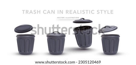 Set of 3d realistic black trash can with shadow on white background. Vector illustration Royalty-Free Stock Photo #2305120469