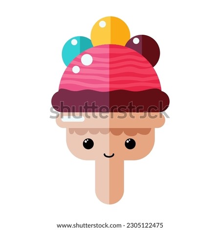 Cute ice cream character, tasty dessert with eyes and smile, summer food, frozen sweet food illustration with three ice cream balls.