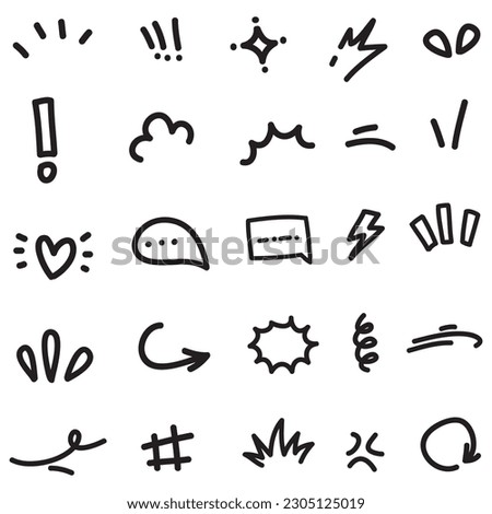Vector set of hand-drawn cartoony expression sign doodle, curve directional arrows, emoticon effects design elements, cartoon character emotion symbols, cute decorative brush stroke lines. Royalty-Free Stock Photo #2305125019