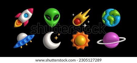 Inflatable Space. Inflated 3D element with the plasticine effect. Set shapes space rocket, alien, meteorite, planet, spaceship, moon, sun, saturn. Vector illustration