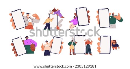 Persons showing mobile phone screen mockups set. Happy people holding big blank smartphone displays in hands, recommending application. Flat graphic vector illustrations isolated on white background