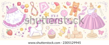 Hand drawn baby girl shower set. Vector illustration of cartoon toys, dress and flowers isolated on background