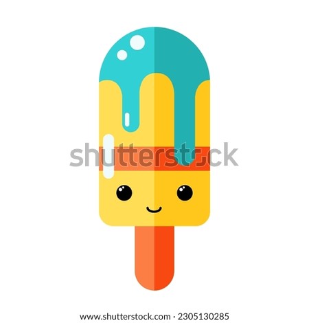 Cute orange ice cream character, tasty dessert with eyes and smile, summer food, frozen sweet food illustration with mint topping.