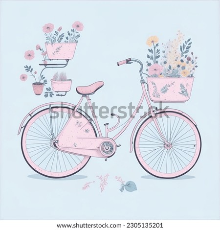 watercolor illustration of a yellow bicycle with flowers hydrangea