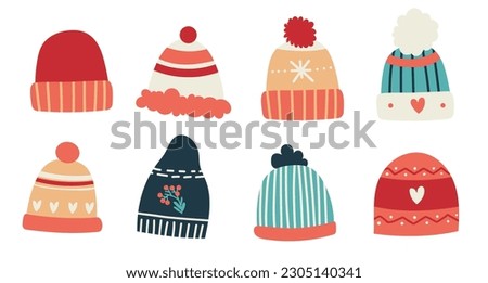 Cartoon ski skate winter sports silhouette knitted cap hat clothes Merry christmas new year seasonal warm wool  decorated with pom pom, snowflake set collection, mistletoe. Royalty-Free Stock Photo #2305140341