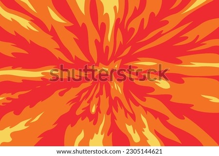 Vector rectangular orange cartoon fire flames spiral red background.