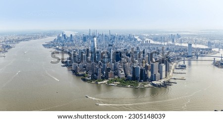 New York City skyline aerial view photo of Manhattan with World Trade Center skyscraper panorama in the United States