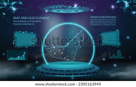 united Ara bEmirates map light connecting effect background. abstract digital technology UI, GUI, futuristic HUD Virtual Interface with UAE map. Stage futuristic podium in fog. Royalty-Free Stock Photo #2305163949