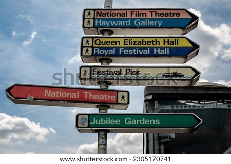 Direction signs to the facilities in the London Southbank Centre. UK.