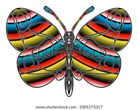 The symmetrical logo in the shape of a butterfly has dynamic gradient colourful line art in a luxurious pattern colour 