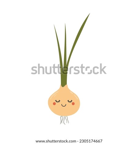 Onion with kawaii face cute cartoon character illustration. Hand drawn style flat design, isolated vector. Kids print element, healthy, seasonal food, farm, harvest, summer, autumn