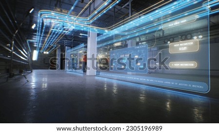 Team of diverse workers walks through electrical distribution station. 3D computer graphics, animation of schemes of electricity transmission from wind farm. Modern, digital electric transport system. Royalty-Free Stock Photo #2305196989