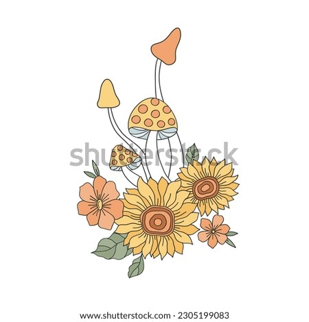 Flower and mushrooms arrangement Retro 70s 60s Groovy Hippie Flower Power vibes vector illustration isolated on white. Boho Summer retro colours floral bouquet print.