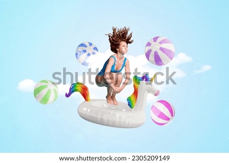 Collage of crazy jumper girl bikini summer season inside inflatable unicorn circle lifebuoy swimming pool isolated over heaven background