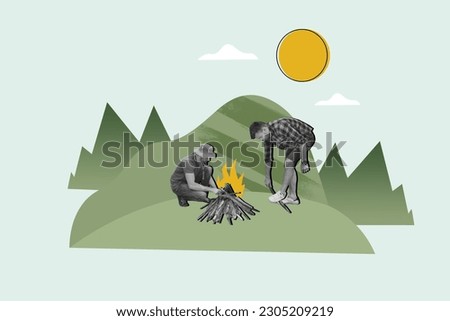 Photo creative banner collage of two male tourists together cooperation making campfire recreation weekend isolated over forest background