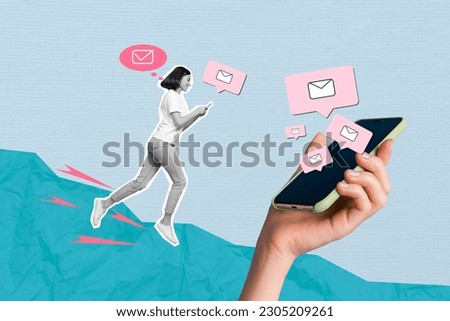 Poster banner collage of young lady fast runner have social network communication sending receive email letters Royalty-Free Stock Photo #2305209261