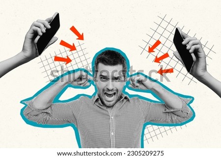 Creative trend collage of angry scared man close ears hands hold smartphones screen display cyber bullying social media message loud noise