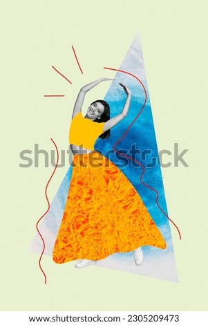 Vertical photo collage young adorable dancing lady girl raise arms hands wear painted clothes dress skirt retro background