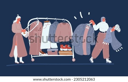 Cartoon vector illustration of Women at clothing store buying new clothes over dark background