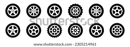 Car wheel icons set. Black wheel tires silhouette collection. Auto wheel disks. Royalty-Free Stock Photo #2305214961