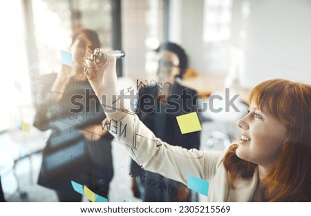 Woman, teamwork and planning notes on glass for schedule, mindmap and collaboration of goals, target and project. Happy employees, brainstorming and writing ideas for innovation, training and mission Royalty-Free Stock Photo #2305215569
