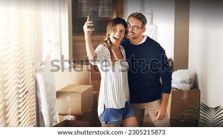 Couple, moving and box with selfie, new house or excited for start, love or beginning in real estate. Man, woman and happy with smile, photography and profile picture for home, property or apartment