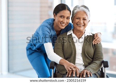 Portrait, medical or disability with a nurse and old woman in a wheelchair during a nursing home visit. Smile, healthcare or retirement with a happy female medicine professional and senior client
