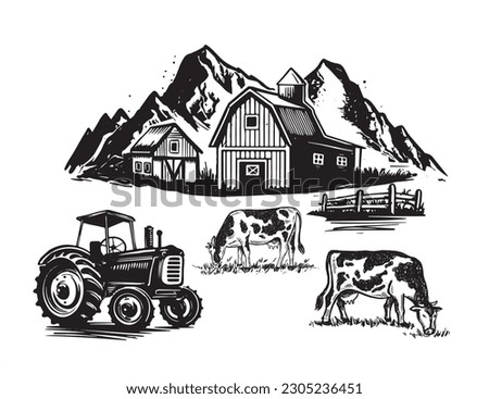 Farm, Tractor,  sketch vintage, hand drawn, vector Royalty-Free Stock Photo #2305236451
