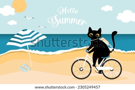 Hello summer. A cute black cat rides a white bike and enjoys the beginning of summer at the beach and vacation. Nautical cartoon postcard. Vector.