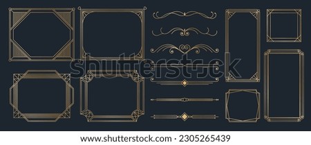 Collection of geometric art deco ornament. Luxury golden decorative elements with different lines, frames, headers, dividers and borders. Set of elegant design suitable for card, invitation, poster. Royalty-Free Stock Photo #2305265439