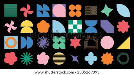 Set of abstract retro geometric shapes vector. Collection of contemporary figure, sparkle, circle, line in 70s groovy style. Bauhaus Memphis design element perfect for banner, prints, stickers, decor.