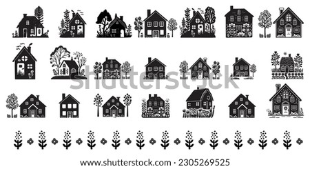 Set of domestic home vector quirky graphics. Collection of folk art style rural house and woodland clip art in hand carved linocut illustration. 
