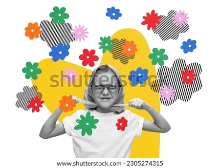 Smiling, little girl, child in headscarf and white t-shirt standing over white background with floral design elements. Contemporary art. Concept of childhood, emotions, fun, dreams. Colorful design