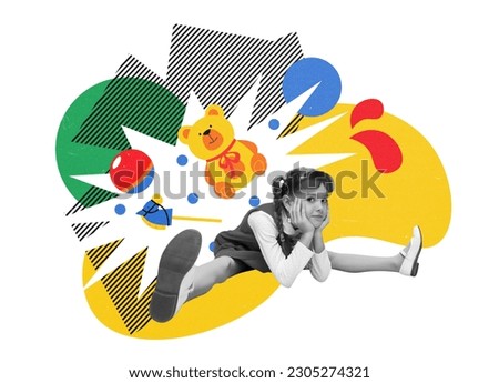 Cute little girl, child in stylish clothes sitting on twine on white background with colorful abstract doodles. Contemporary art collage. Concept of childhood, emotions, fun, dreams. Creative design Royalty-Free Stock Photo #2305274321