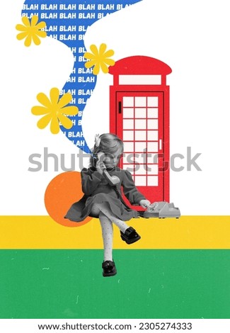 Cute, little girl, child calmly sitting and playing, calling with phone against white background with colorful doodles. Contemporary art. Concept of childhood, emotions, fun, dreams. Creative design