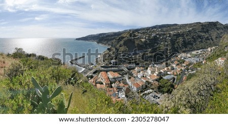 Full panoramic aerial view at the Ribeira Brava beach, from the S. Sebastião, tourist and iconic on the island of Madeira, in Portugal