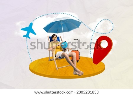Bright creative picture 3d collage poster image artwork of happy smiling man lying chair choose continent trip around world