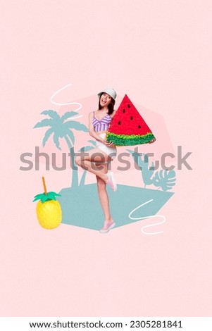 Creative drawing collage picture of young beautiful pretty female holding watermelon paper pinata summer vacation juice fresh fruits