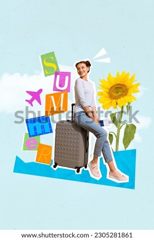 Vertical picture sketch image collage 3d pop of charming pretty girl sitting baggage dream flight abroad resort isolated drawing background