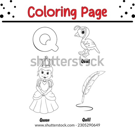 Animal alphabet coloring book illustration with outlined graphics to color. alphabet coloring page letters Q