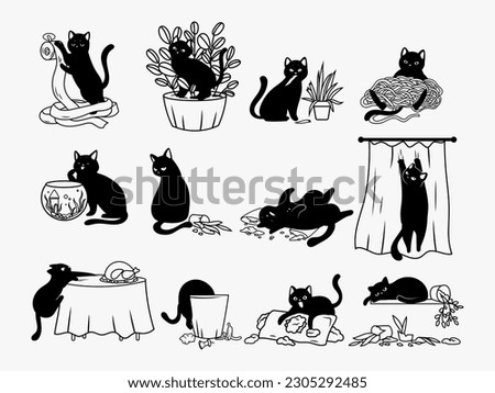 Set of silhouettes mischievous cats. Collection of different naughty kitten scratching furniture, gnawing cable, drop flowerpot, etc. Bad behaviour pet. Vector illustration on white background.