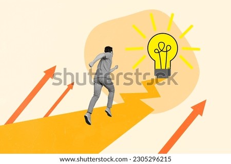Template magazine image collage of businessman running fast inspired with genius idea start up planning