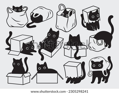 Set of silhouettes of playful cats. Сollection of various naughty cats in a box and bags. Funny Animals. A kitten with bad behavior. Vector illustration on white background.  Royalty-Free Stock Photo #2305298241