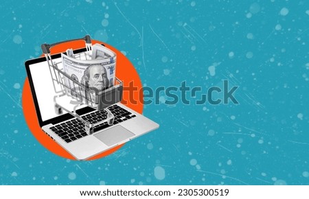 Creative photo collage artwork postcard poster sketch money payment for subscription inside a netbook. Store the cart on a laptop.