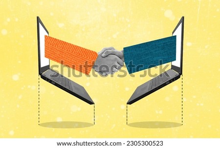 Successful business deal online. Modern art collage of a handshake appearing grom laptop decide on a yellow background. Concept of work, business, success, motivation, advertising